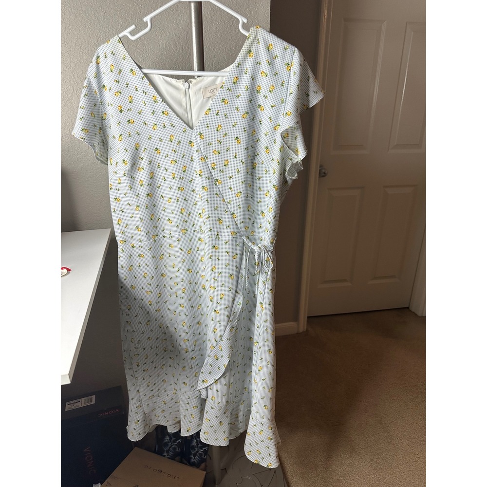 LOFT Faux Wrap Dress Womens 12 Blue Yellow Gingham Floral Ruffle Excellent